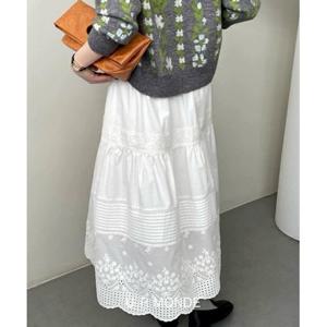 [유아몽드]자수 펀칭 롱 스커트 레이스 캉캉 휴가 화이트 플라워