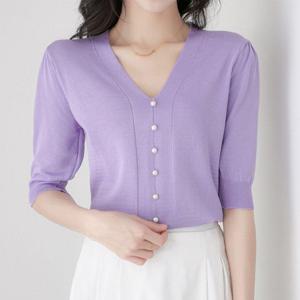 [오노마] ONM 여성 여름 썸머 브이넥 반팔 니트 티 퍼플