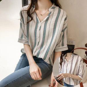 [로즈엘리]여리여리 루즈핏 린넨 스트라이프 여름셔츠 블라우스 2컬러