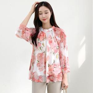 드리다 여성 봄 플라워 플리츠 빅사이즈 쉬폰 블라우스 40-50대 미시 엄마옷 중년 하객 모임 오피스룩