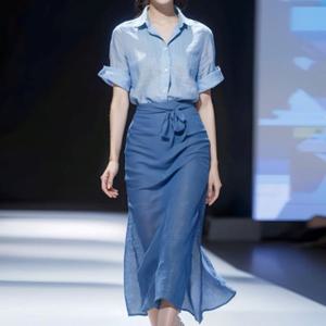 [드레스허그] 알프 블루 린넨 셔츠 앤 스커트 투피스 세트_240626_LC03