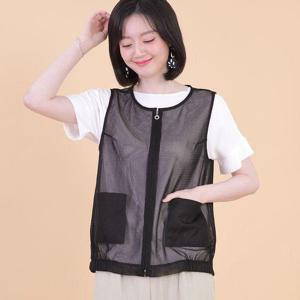 [애비뉴투지]엄마옷 밑주름 망사 시스루 가벼운 여성 여름 주머니 지퍼 라운드 민소매 나시 조끼 V08336