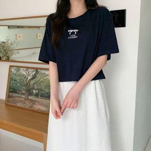 [네쥬]여성 여름 기본 크롭 프린팅 라운드넥 예쁜 반팔 티셔츠