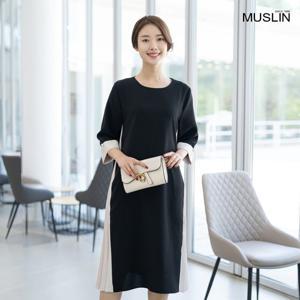 여성 엄마옷 진주 배색플리츠 원피스 OP204087 중년여성의류/50대/60대/마담/빅사이즈/할머니옷