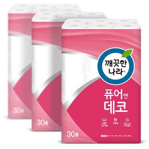 깨끗한나라 3겹 데코 순수 퓨어 화장지 30m 30롤 3팩