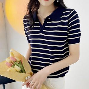★특가★ [유니제이] 그람 스트라이프 카라 퍼프 반팔 니트티