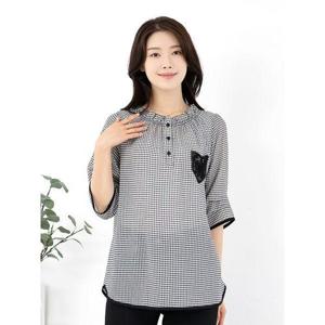[모슬린]엄마옷 셔링 라운드 체크 7부 블라우스 BL405155 마담 미시 중년여성 빅사이즈 할머니옷 50대 60..