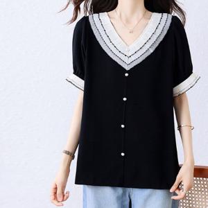 [블랙퀸] 커니트 레이스카라 빅사이즈 블라우스 blk003676