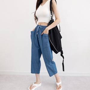 7부 진청 데님 배기팬츠 허리밴드&스트링 집에서도 편안한 코디로도 추천