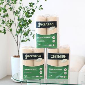 국내산 그리네라 먼지없고 물에 잘풀리는 친환경 무표백 대나무화장지 3겹 12롤 3입세트