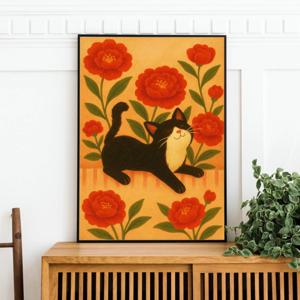 재물운을 부르는 목단꽃 모란꽃 모란 그림 고양이 그림 일러스트 포스터 풍수 인테리어 액자
