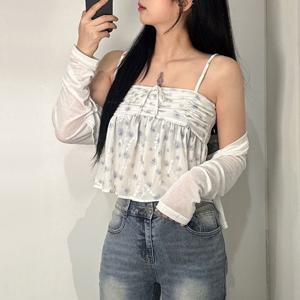 플라워 셔링 나시 가디건 SET 세트 리본 꽃 프릴 블라우스 끈나시 스모크 밴딩 T95