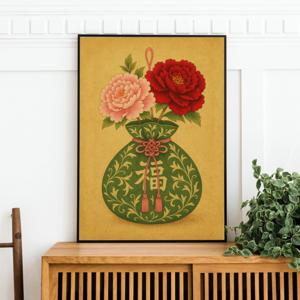 목단꽃 모란꽃 목단 모란 복주머니 그림 인테리어 포스터 돈들어오는 목단화 풍수 액자 소품