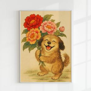 개 삽살개 강아지 그림 목단꽃 모란꽃 목단 모란 그림 인테리어 포스터 돈들어오는 풍수 액자