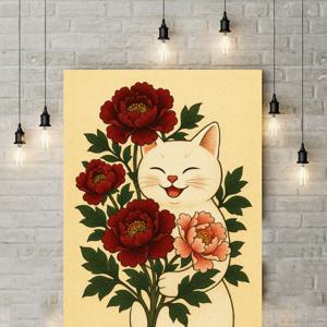 목단꽃 모란꽃 모란 그림 고양이 그림 일러스트 포스터 재물 풍수 인테리어 액자 아트포스터