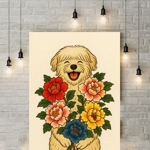 강아지 그림 목단꽃 모란꽃 목단 모란 그림 풍수 인테리어 포스터 목단화 강아지 액자