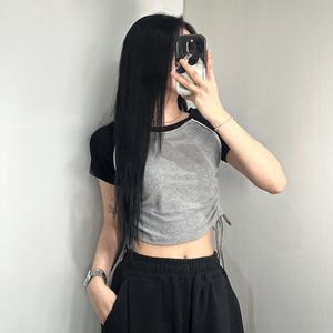 옆 셔링 나그랑 티 배색 크롭 반팔 티셔츠 3color 여자 라글란 스트링 쫀쫀 T100