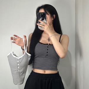 캡 내장 패드 스트라이프 크롭 나시 2color 페이크 버튼 단추 여자 이너 끈나시 T97