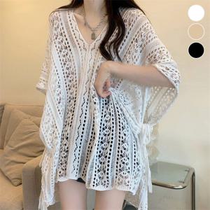 여름 수영복 커버업 비치 로브 3color 브이넥 펀칭 니트 가디건 여행 휴양지 비키니룩