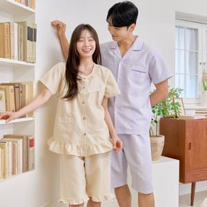 여름 커플잠옷 상하세트 남자/여자 반팔 파자마 국내제작 면100 홈웨어