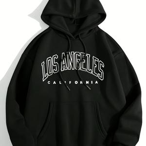 TEMU Los Angeles 레터 프린트 드로스트링 후디, 캐주얼 긴 소매 포켓 스웨트셔츠, 여성 의류