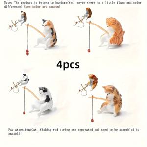 TEMU 4-피스 매력적인 고양이 낚시 조각상 - 플라스틱 미니어처 낚시 고양이 조각상 수족관 및 분재용, 어항 조경 장식에 이상적