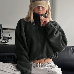 TEMU 여성용 캐주얼 지퍼 프론트 드로스트링 헴 재킷 - 하이넥 터틀넥, 세탁기 사용 가능, 단색, 사계절용 다목적 아우터웨어, 일상적인 편안한 착용감