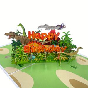 TEMU 1개 공룡 생일 팝업 카드와 봉투 - 생생한 3D 쥬라기 장면, 어린이 및 팬에게 이상적, 메모 카드 포함