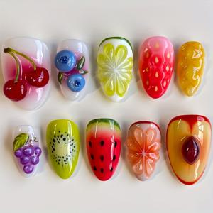 TEMU 10pcs 손으로 만든 프레스 온 네일, 밝은 색상의 혼합 과일 디자인, 짧은 알몬드 모양, 광택 있는 마무리 - 남성과 여성에게 이상적인 선물, 네일 아트 액세서리|과일 패턴|짧은 길이