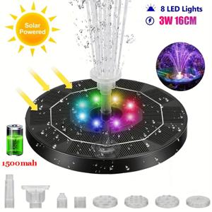 TEMU 1500mAh 태양광 LED 분수 펌프와 교체 가능한 노즐 6개 - 고품질, 재충전식 배터리 조류 목욕, 정원, 연못 및 수영장용, 야외 사용, 검은색 플라스틱 디자인, LED 라이트 기능 | 내구성 있는 플라스틱, 태양광 분수 워터 펌프|수경