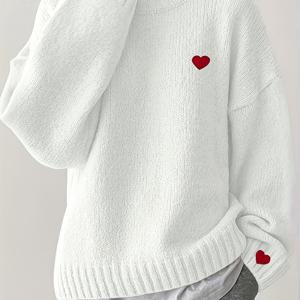 TEMU 여성용 화이트 하트 자수 드롭 숄더 스웨터 - 가을 겨울용 소프트 롱슬리브 라운드넥 풀오버, 코지 캐주얼 시크한 한국 일본 스타일 탑, 귀여운 니트웨어, 내구성 좋은 겨울 옷