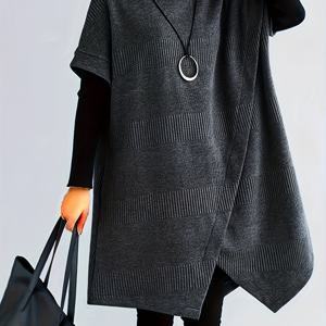 TEMU 플러스 사이즈 여성 캐주얼 하이넥 터틀넥 스웨터 - 소프트 스트레치, 오픈 프론트 슬릿 디테일, 솔리드 컬러 가을 겨울 풀오버, 우아한 디자인, 품질 공예