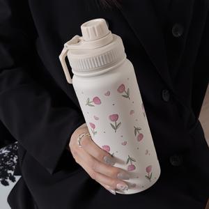 TEMU 핑크 튤립 하트 스테인리스 스틸 보온병 1개 - 열과 냉을 위한 이중벽 진공 플라스크, 600ml/800ml/1000ml 사이즈, 여행, 체육관, 야외 활동 및 선물에 완벽|트래블보틀
