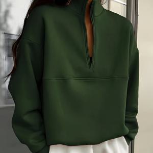 TEMU 시크한 다크 그린 여성용 하프 지퍼 스탠드 칼라 스웨트셔츠 - 캐주얼 롱 슬리브 풀오버, 세탁기 사용 가능, 잉크 그린, 순수한 색상