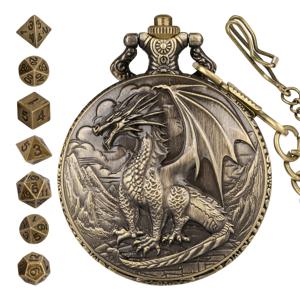 TEMU 7pcs 다면체 주사기 세트, 3D 조각된 청동 날개 달린 용 포켓 시계 포함 - 던전 앤 드래곤, RPG 선물, 남아와 여아를 위한 게임 액세서리|코스프레|주사위