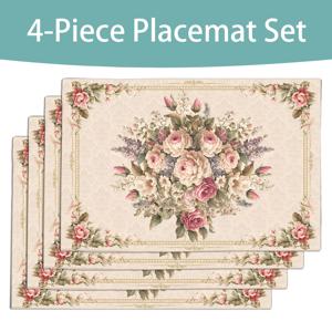 TEMU 4pcs 리넨 플래시 매트 세트 - 빈티지 꽃 디자인, 미끄럼 방지, 기계 세척 가능, 식당, 주방 및 파티 장식용 튼튼한 직조 직사각형 테이블 매트