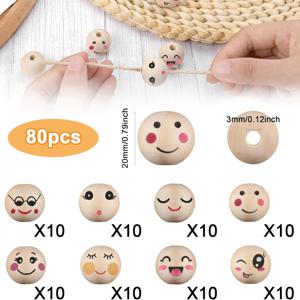 TEMU 80개 나무 웃는 얼굴 비즈, 20mm 원형 나무 비즈, 구멍이 있는 DIY 공예 비즈, 보석 만들기, 팔찌, 목걸이