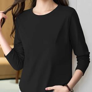 TEMU 여성용 캐주얼 롱 슬리브 라운드 넥 티셔츠 - 단색 블랙 레귤러 핏 탑, 봄 & 가을 레이어링용, 다재다능한 캐주얼 의상, 심플 시크 스타일, 품질 좋은 캐주얼웨어, 부드러운 질감