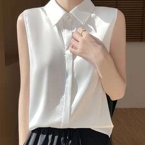 TEMU 여성용 우아한 라펠 민소매 블라우스 - 단색 가벼운 봄 여름 상의, 캐주얼 및 정장용 비침 방지 셔츠, 버튼업 블라우스 | 맞춤형 블라우스|나시티|민소매