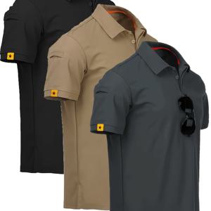 TEMU 3pcs 남성 슬림핏 반팔 폴로 셔츠 - 통기성이 좋은 여름 캐주얼 및 야외 착용, 별 로고가 있는 단색, 하이킹, 스포츠, 휴가, 하이킹 의류, 클래식 칼라 디자인, 편안한 핏