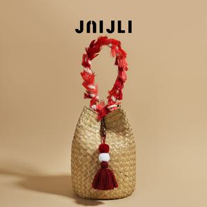 TEMU 1pc 프린트 스트로우 버킷 가방 - 레트로 프랑스 직조 디자인, 일상적인 출퇴근, 여행, 해변 외출, 특별한 기회에 적합, 빨간색 프린트 스트로우 버킷 가방, 여성, 엄마, 교사, 또는 브리드마이드를 위한 완벽한 선물, 캐주얼 외출 가방 | 캐주얼 시크 가방 | 직조 스트로우 소재, 해변 가방 토트
