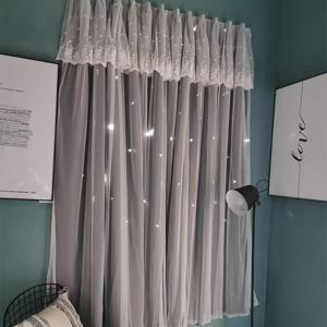 TEMU 1pc 별빛 하늘 이중층 커튼, 조절 가능한 마법 테이프 - 95% 차단, 블랙 라인어 및 레이스 장식, 침실 및 주방 어두운 색상, 열绝缘, 기계 세탁 가능, 침실 커튼