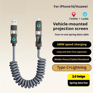 TEMU 240Wmax 4-in-1 USB-C 충전 케이블 디지털 디스플레이 포함 - 부드럽고 탄력적인 스프링 와이어, 아이폰, 샤오미, 화웨이 및 더 많은 빠른 충전 - 멀티 포트, 고속 데이터 전송, 차량 마운트 가능, 차량 충전 케이블 | 유연한 충전 케이블 | 내구성 있는 충전 케이블