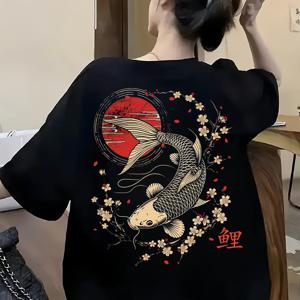 TEMU 여성용 루즈핏 반팔 티셔츠 - 검은색 잉어 & 벚꽃 프린트와 레드 선/문 디자인, 캐주얼 라운드 넥 여름 상의, 세탁기 사용 가능한 아웃도어 캐주얼 웨어, 여성용 티셔츠, 통기성 좋은 원단
