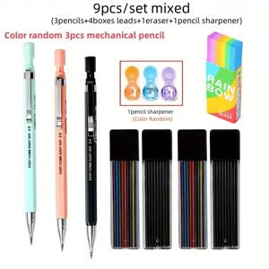 TEMU 지우개 포함 9피스 기계식 연필 세트, 2.0mm 자동 드로잉 및 페인팅 연필, 2B 리드 리필, 필수 사무용품, 드로잉 페인팅, 필수 도구
