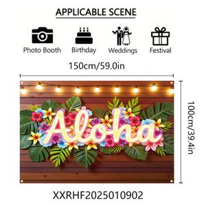 TEMU 1pc, 열대 여름 장식용 배너, 150cm x 100cm (59.0인치 x 39.4인치) 크기, ALOHA 테마 파티 장식 배너, 열대 잎과 꽃 디자인을 특징으로 하는 폴리에스터로 만든 사진 부스 속장품.