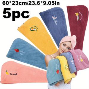 TEMU 3pcs/5pcs 퀵 드라이 헤어 타월 세트, 과일 자수 헤어 캡, 부드러운 타월, 여성용 헤어 타월 세트, 젖은 헤어용 헤드 타월, 흡수력 좋은 여성용 헤드 타월 - 젖은 헤어