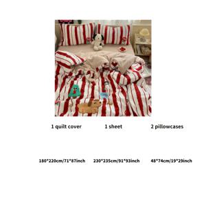 TEMU 4pcs 귀여운 애완동물 만화 줄무늬 수건 자수 이불 커버 세트 / 기계 세탁 가능, 모든 계절에 사용 가능 / 빨간 줄무늬, 초록 줄무늬, 갈색 줄무늬 / 100% 폴리에스터 / 하나의 이불 커버 + 하나의 침구 + 두 개의 베개 커버