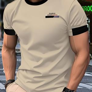 TEMU 남성용 스타일리시한 다크 그레이 캐주얼 티셔츠 - 100% 폴리에스터, 크루 넥, 반팔, 기계 세탁 가능, 모든 계절에 편안한 핏, 일상용 의상 | 부드러운 질감의 원단