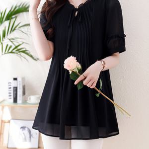TEMU 여성용 쉬폰 블라우스 - 반팔, 라운드 넥, 세미시스루 프릴 디자인, 흑색, 봄/여름 캐주얼 탑, 매일 입기 좋은 스타일의 반팔 블라우스, 라운드 넥, 반투명 원단, 주름진 허리 스타일|블라우스|여름블라우스|여성블라우스